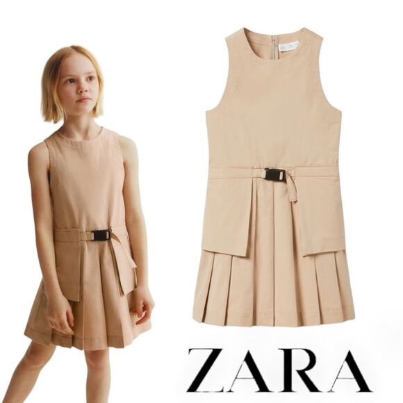 ZARA Kids | Beige | BUCKLE BOX PLEAT PINAFORE DRESS - Picture 1 of 5